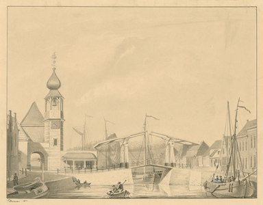 1416 Gezicht op de Nieuwe poort te Goes aan de zuidzijde van de haven, met brug en klapbank, afgebroken circa 1855