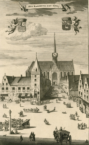 1418 Het Raadhuys tot Goes. Gezicht op het stadhuis te Goes, gezien van de Grote Markt, met de Kerkstraat en de Grote ...