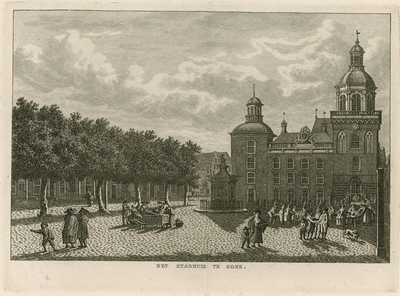 1419 Het Stadhuis te Goes. Gezicht op een deel van de Grote Markt te Goes met het nieuwe stadhuis (1771-1775), en personen
