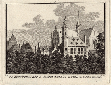 1431 Het Schuttershof, de Groote-Kerk enz. te Goes van de Wal te zien. 1743. Gezicht op het schuttershof van de edele ...