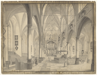1436 Gezicht in het interieur van de Grote of Maria Magdalenakerk te Goes, gezien naar het orgel, met onder andere het ...