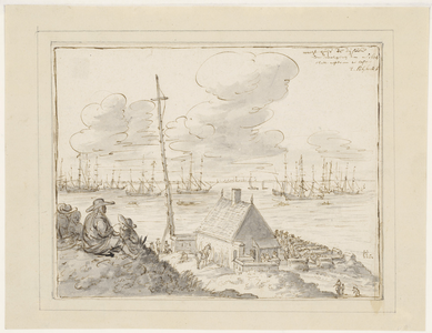 145 Wachthuys de Dysoucke in Walgeren a° 1674. Gezicht op het wachthuis te Dishoek (Koudekerke Walcheren) met de vloot ...