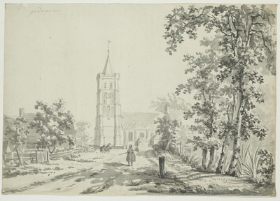 1467 Gezicht in het dorp 's-Heer Abtskerke met Nederlandse Hervormde kerk, met boeren met vee en vrouw met stok, en ...