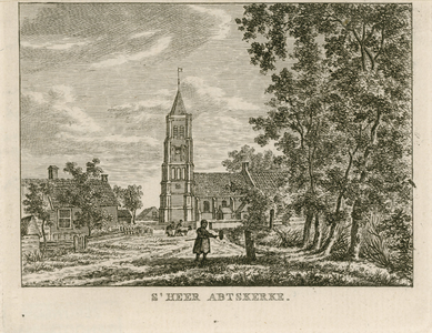 1468 S' Heer Abtskerke. Gezicht in het dorp 's-Heer Abtskerke met de Nederlandse Hervormde kerk, met boeren met vee en ...