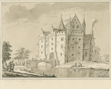 1470 t Huis te Baarsdorp in welstand. Gezicht op het huis te Baarsdorp, afgebroken eind 16de eeuw, met personen en tuinman