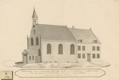 1492 Teekening van de Roomsch-Catholijke kerk met de Pastory te 's Heerenhoek in het eiland Zuid-Beveland, gebouwt in ...
