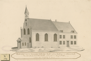 1492 Teekening van de Roomsch-Catholijke kerk met de Pastory te 's Heerenhoek in het eiland Zuid-Beveland, gebouwt in ...