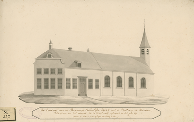1512 Teekening van de Roomsch Catholijke Kerk met de Pastorij te Kwadendamme in het eiland Zuid Beveland, gebouwt in ...