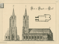 1519 Kerk te Kappelle. XVe eeuw. Vooraanzicht, zijaanzicht en plattegrond van de Nederlandse Hervormde kerk te Kapelle