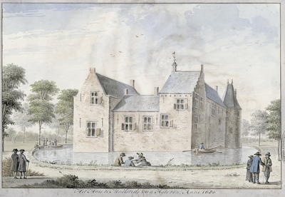 1534 Het Huis te Maalstede van Agteren, Anno 1680. Het kasteel Maalstede te Kapelle, aan de achterzijde gezien, met personen