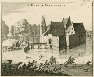 1536 't Huys te Mael-Stede. Gezicht op het kasteel Maalstede te Kapelle, met personen, een rijtuig, en op de voorgrond ...
