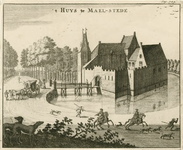 1536 't Huys te Mael-Stede. Gezicht op het kasteel Maalstede te Kapelle, met personen, een rijtuig, en op de voorgrond ...