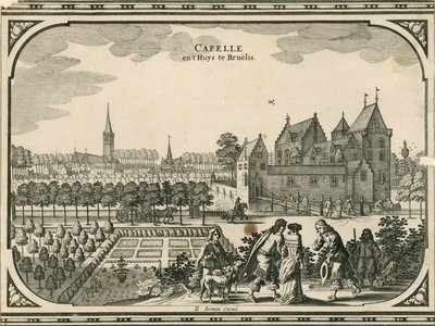 1541 Capelle en 't Huys te Bruëlis. Gezicht op het kasteel Bruelis, met een ooievaar op een schoorsteen, personeel in ...