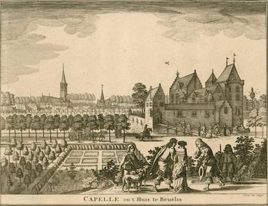 1542 Capelle en 't Huys te Bruëlis. Gezicht op het kasteel Bruelis, met een ooievaar op een schoorsteen, op de ...