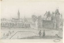 1543 Gezicht op het kasteel Bruelis, met een ooievaar op een schoorsteen, op de achtergrond het dorp Kapelle, achter ...
