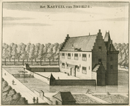 1546 Het Kasteel van Bruelis. Gezicht op het kasteel Bruelis te Kapelle, van de voorzijde, met personen, waaronder een ...