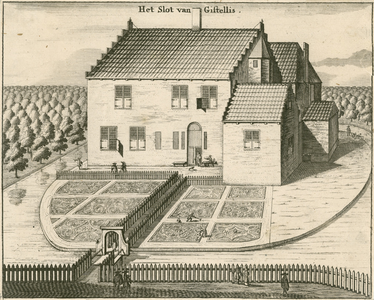 1550 Het Slot van Gistellis. Gezicht op het kasteel Gistellis te Kapelle, met personen op de binnenplaats en voor het hek