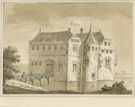 1551 't Huis Poucques in welstand. (potlood). Gezicht op het kasteel Poucques te Kapelle, met personen op de brug, en ...