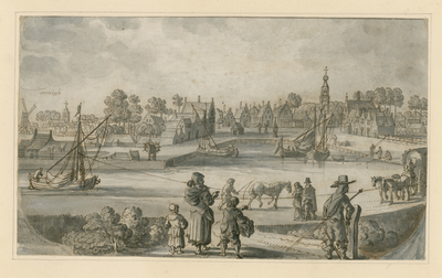 1553 Gezicht op het dorp Biezelinge, met de haven, een trekschuit, op de achtergrond de kerk van Eversdijk, en personen ...