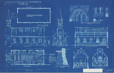 1555b Vergrooting van de Kerk der N.H. Gemeente te Biezelinge. Details, doorsneden, vooraanzicht, zijaanzicht en ...