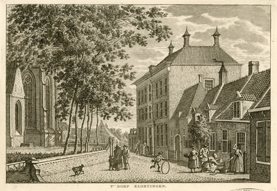 1564 T' Dorp Kloetingen. Gezicht in het dorp Kloetinge op het Marktveld achter de Nederlandse Hervormde kerk, met het ...