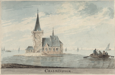 1567 Crabbendijck. Gezicht op de voormalige rooms-katholieke kerk van het oude dorp Krabbendijke, in het water van de Schelde