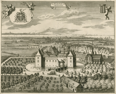 1574 De Heerlycheyt van Cruningen. Gezicht op de heerlijkheid Kruiningen, in vogelvlucht, vanuit het noorden, met het ...