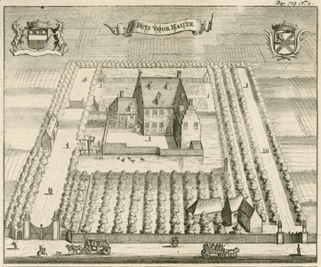 1589 't Huis Voorhaute. Gezicht op het kasteel Voorhout te Kruiningen, in vogelvlucht, met tuin en boomgaard, op de ...