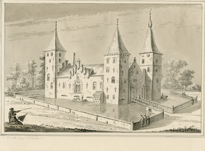 1590 t Kindt van Trenten. Gezicht op het kasteel Kind van Trente te Kruiningen, met roeiboten voor de bevoorrading, ...