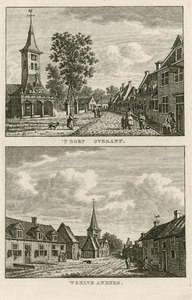 1601 'T Dorp Ovesant. 'T Zelve Anders. Gezicht in het dorp Ovezande met Nederlandse Hervormde kerk en afslagershuisje, ...