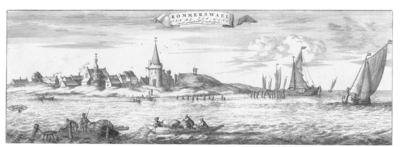 1605 Rommerswaal aan de Zee-Kant, meest geinundeert of wegh-gespoelt. Gezicht op de grotendeels weggespoelde stad ...
