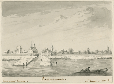1606 Reimerswaal. Gezicht op de haven van Reimerswaal tussen twee landhoofden en de restanten van de stad, met ...