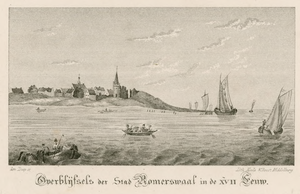 1609 Overblijfsels der Stad Romerswaal in de XVII Eeuw. Gezicht op de grotendeels weggespoelde stad Reimerswaal, gezien ...