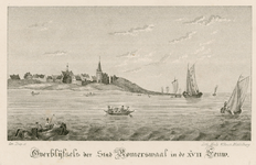 1609 Overblijfsels der Stad Romerswaal in de XVII Eeuw. Gezicht op de grotendeels weggespoelde stad Reimerswaal, gezien ...