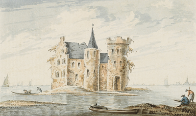 1610 Lodyk en Romerswaal in het verschiet. Gezicht op de overblijfselen van het kasteel Lodijjke in het verdronken land ...