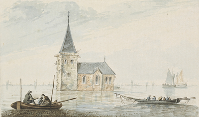 1613 Nieuwerkerkke. Gezicht op de overblijfselen van de rooms-katholieke kerk van Nieuwerkerke in het verdronken land ...