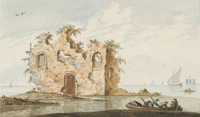 1614 Duvenee. Gezicht op de ruïne van de rooms-katholieke kerk van Duvenee in het verdronken land van Reimerswaal, ...