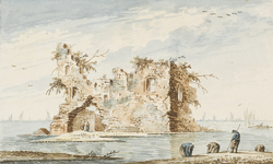 1615 Couwerve. Gezicht op de ruïne van mogelijk de rooms-katholieke kerk van Couwerve in het verdronken land van ...