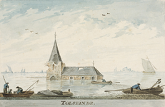 1616 Tolseinde. Gezicht op de overblijfselen van de rooms-katholieke kerk van Tolseinde in het verdronken land van ...