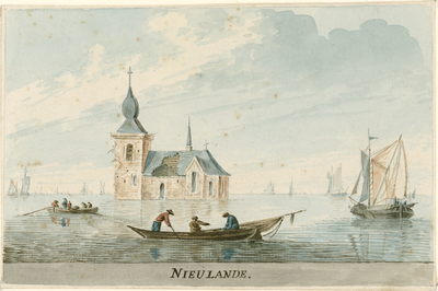 1617 Nieulande. Gezicht op de overblijfselen van de rooms-katholieke kerk van Nieuwlande in het verdronken land van ...