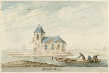 1619 Schoudee. Gezicht op de overblijfselen van de rooms-katholieke kerk van Schoudee in het verdronken land van ...