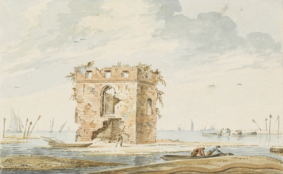 1620 Everswart. Gezicht op de ruïne van de rooms-katholieke kerk van Everswaard in het verdronken land van Reimerswaal, ...