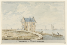 1625 T' Tolhuis op Yersickeroirt,. Gezicht op de overblijfselen van het tolhuis van Yersekeroord in het verdronken land ...