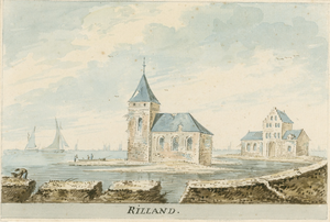 1626 Rilland. Gezicht op de overblijfselen van de rooms-katholieke kerk van Rilland met een gebouw op de vernielde ...