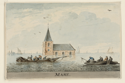 1627 Mare. Gezicht op de overblijfselen van de rooms-katholieke kerk van Maire, in het verdronken land van Maire, ...