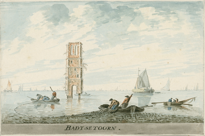 1630 Badtse Toorn. Gezicht op de ruïne van de toren van Bath in het verdronken land van Bath, overstroomd 5 november ...