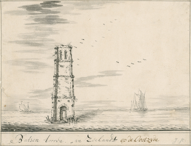 1631 Batsen tooren in Zeelandt op de Oostzijde. Gezicht op de ruïne van de toren van Bath in het verdronken land van ...