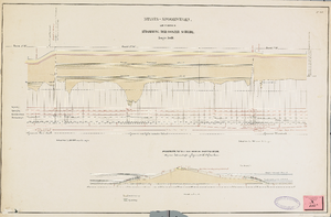 1640 Staats-Spoorwegen. Lijn F. Sectie H. Afdamming der Ooster Schelde. Lengtedoorsnede en dwarsdoorsnede van de dam ...