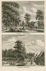 1646 'T Dorp Waarden. 'T Zelve Anders. Twee gezichten in het dorp Waarde, met vate en toren van de Nederlandse ...
