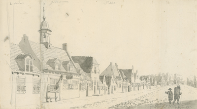 1653b Gezicht in het dorp Wemeldinge, met herberg, en personen, en boven aantekeningen